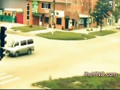 Girl with Fancy Footwork Dodges a Flying Car coming at Her on the Sidewalk