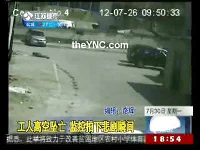 Chinese Construction Worker falls to his Death from Rooftop captured on Camera