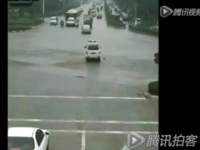 Moped Rider Hit ends up Perfectly on Cars Roof