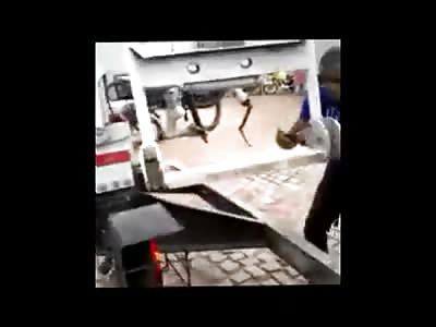 Motorcyclist Wedged in Cement Trucks Wheel Well..... Dead as Fuck