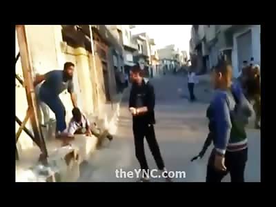 Man having his Fingers Cut Off with a Long Lawn Tool like an Ax