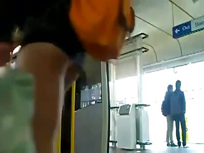 Slut girl in very short skirt and no panties annoys father