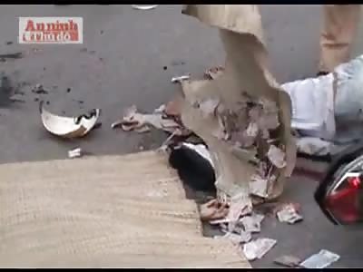 2 Woman on Scooter Killed by Truck - One has Her Head Crushed and her Brain all Over Road in Viet-Nam